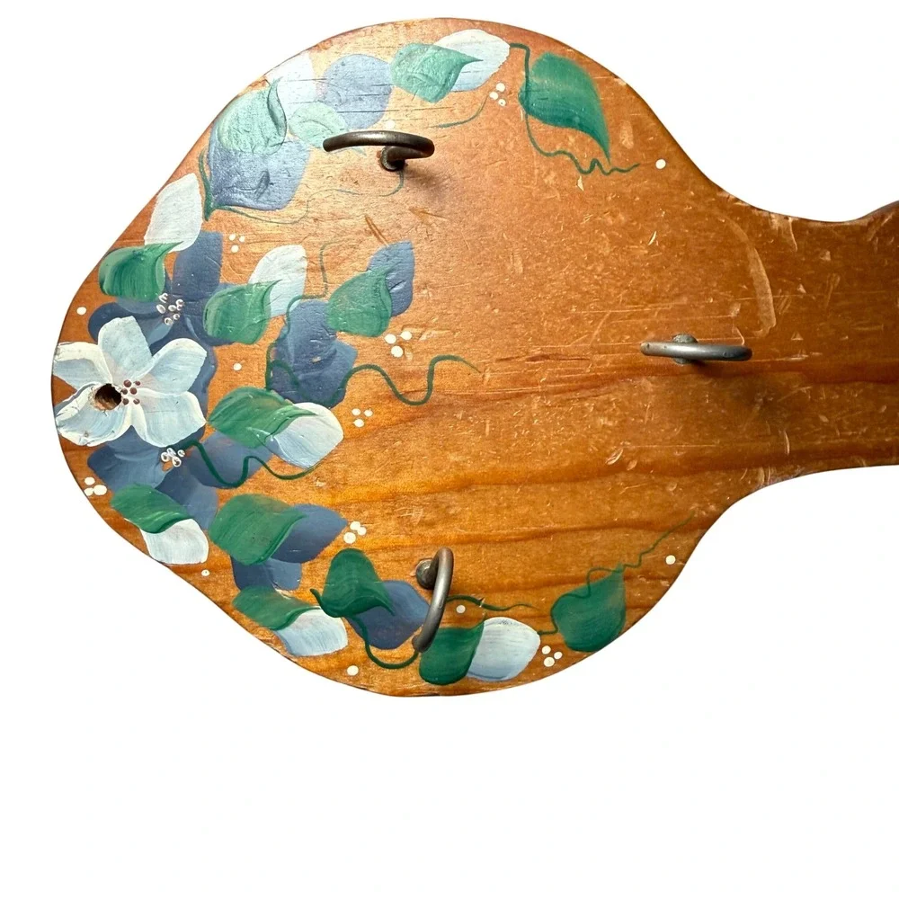 Vintage Hand Painted Wood Wall Hook Rack Floral Cottagecore Decor